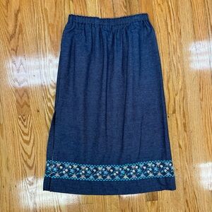 Handmade Denim Fabric Skirt with Embroidered Floral Hem and Elastic Waistband